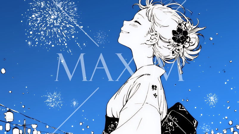 打ち上げ花火を見ている浴衣を着た若い女性（シンプルな色使い）