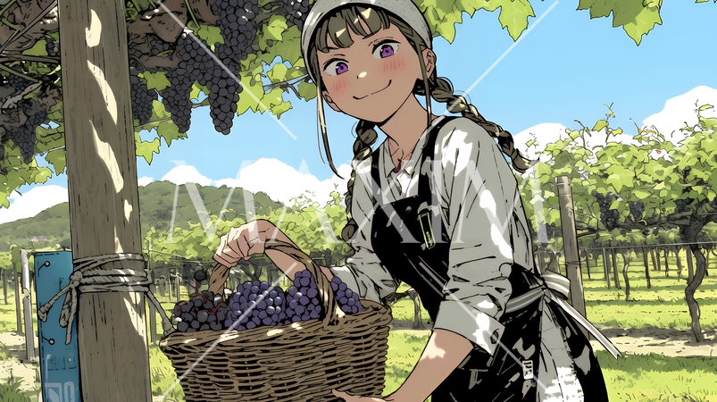 葡萄を収穫している若い女性