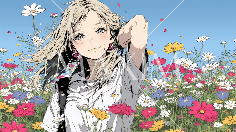 コスモス畑にいる若い女性