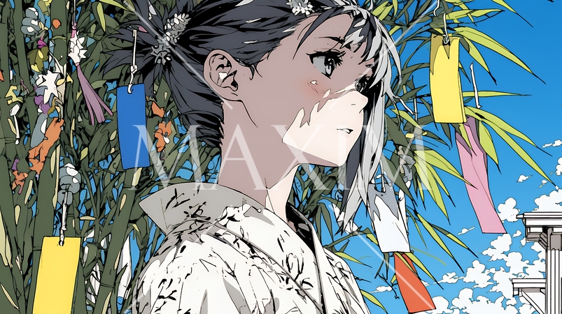 七夕飾りと和服を着た若い女性