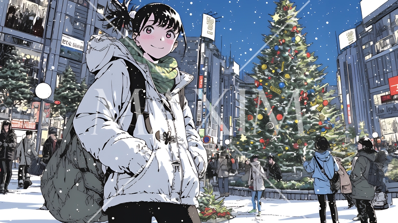 クリスマスイルミネーションが美しい街を散策する若い女性