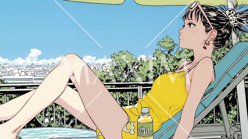 プールサイドのデッキチェアでくつろぐ若い女性｜夏のリゾートとリラックスライフスタイルイメージ