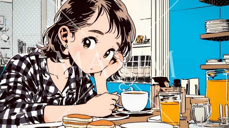 早朝のダイナー（喫茶店）でパンケーキ（モーニングセット）を食べる若い女性