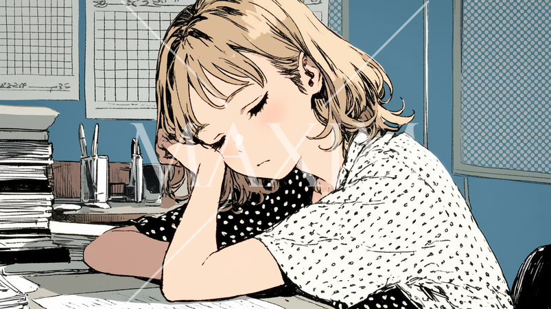 受験勉強とか残業をしている若い女性：寝落ち中