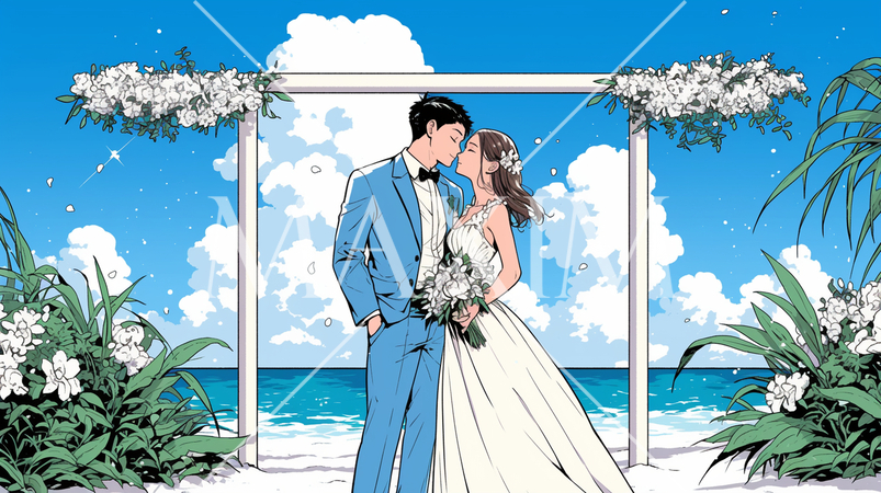海辺で結婚式を挙げている若い男女