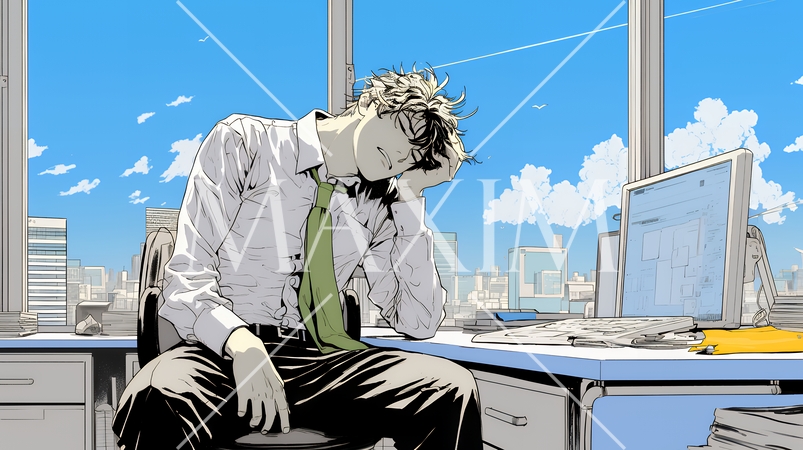 疲れ切った様子でオフィスデスクでため息をついているビジネスマン
