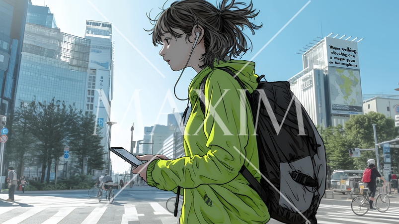 スマホの地図アプルを頼りに目的地に向かって歩いている女性：歩きスマホ