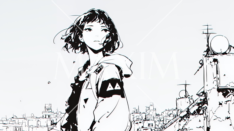 震災や空爆などで破壊された街で孤独に立ちすくむ若い女性（シンプルな色合い）