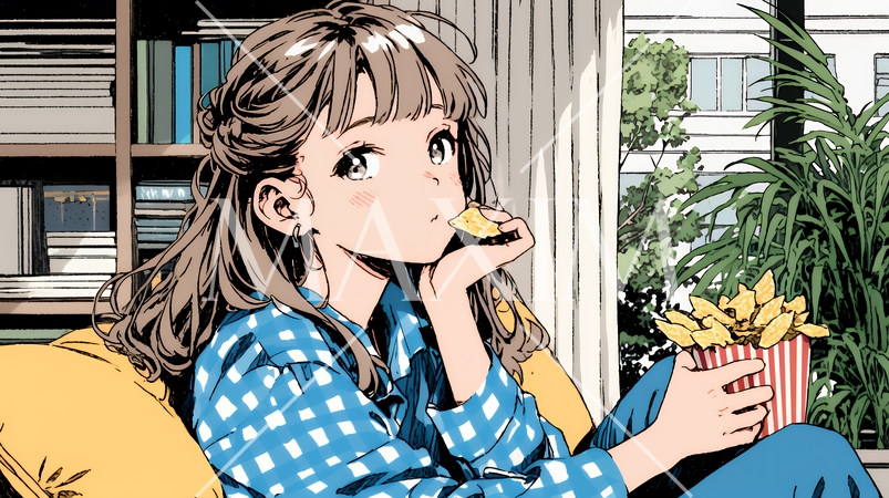 ポテトチップスをつまみながら、ひとりでビデオを観る若い女性