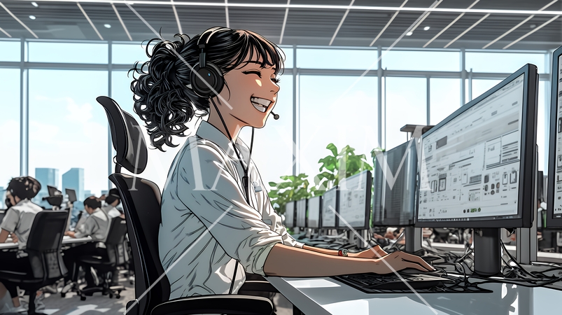 近代的なコールセンターのオフィスで働く女性オペレーター