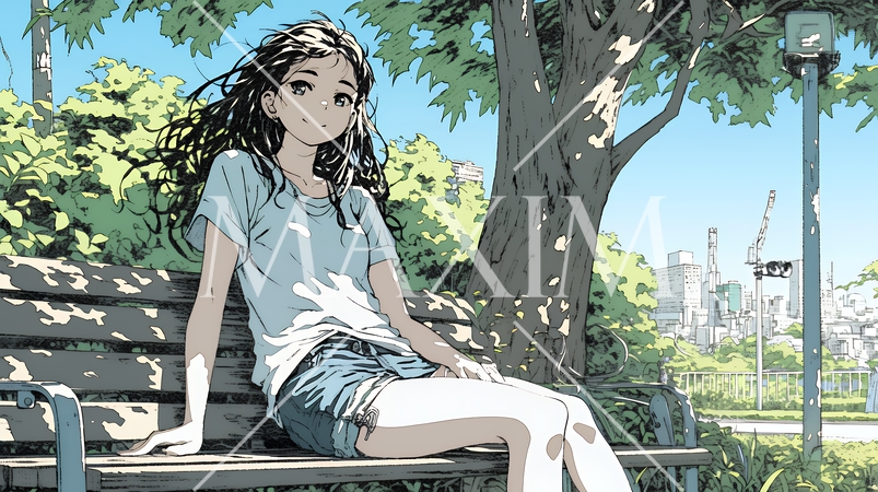 公園のベンチでひとり静かにくつろぐ若い女性
