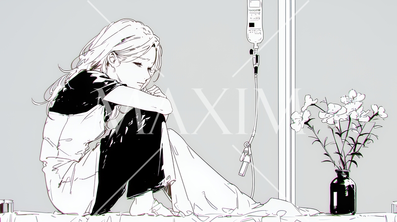 病院のベッドに腰掛けて気落ちしている女性（シンプルな色使い）