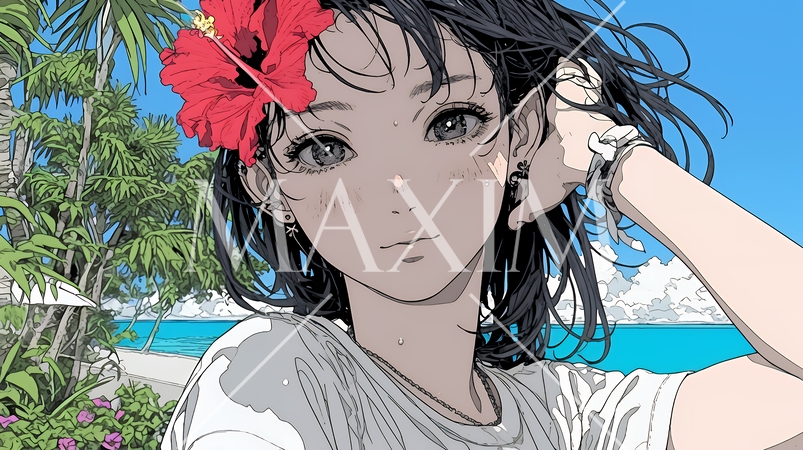 ハイビスカスと若い女性