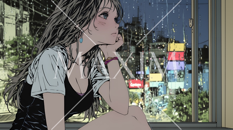 思案・反省・諦め? 窓から流れ落ちる雨粒を見つめる若い女性