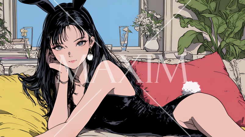 バニーガール：バニーガールコスチュームでソファーに横たわる若い女性