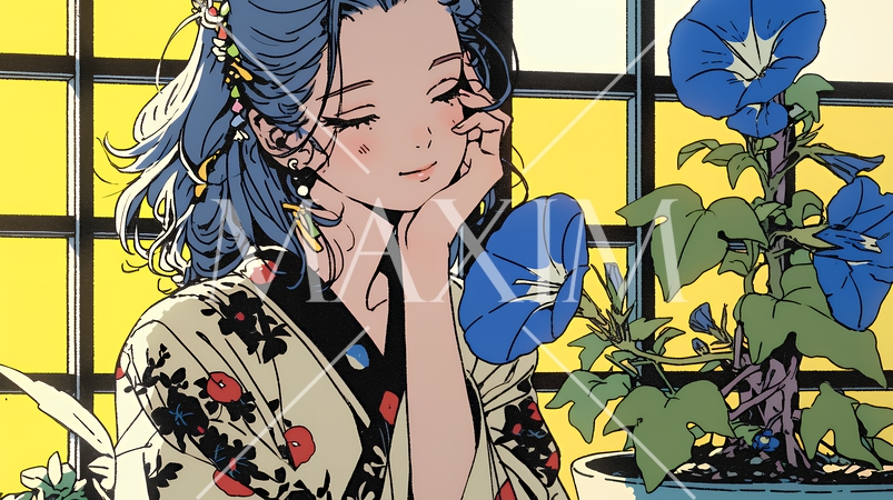 アサガオと浴衣姿の若い女性