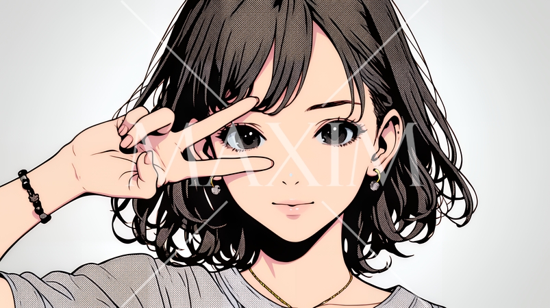 笑顔でピースサインを見せる若い女性