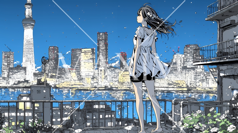 都市のランドスケープを眺めている若い女性