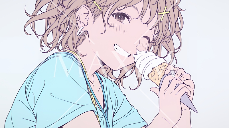 夏空の下でソフトクリーム（コーンに乗ったアイスクリーム）をたべる若い女性（シンプルな色使い）