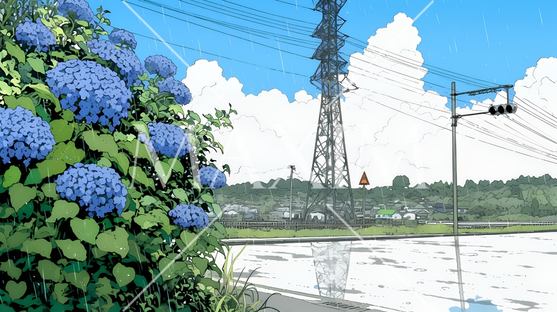 満開のアジサイと梅雨の雨