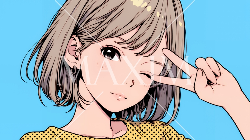 アイドルのように顔の横でピース＋ウィンクしている若い女性
