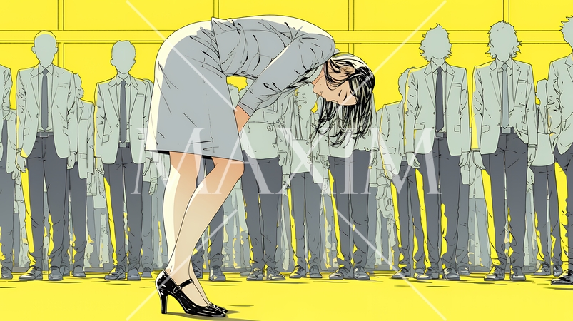 ミスやトラブルを反省して謝る若い女性｜申し訳なさそうな表情のビジネスイメージイラスト