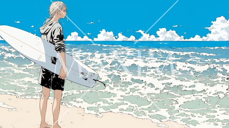 サーフボードを持ち海を見つめる若い女性｜ビーチ・リゾート・ライフスタイル・アウトドア