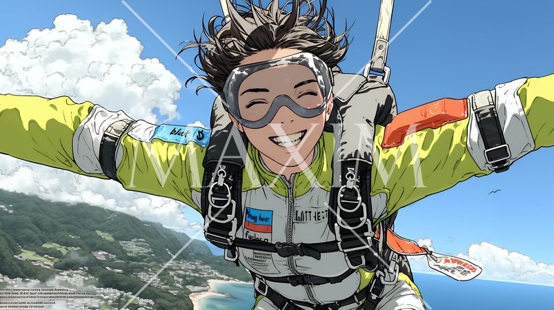 スカイダイビングをしている若い女性