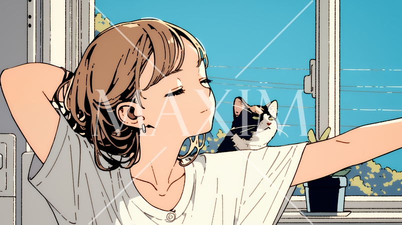 朝の目覚ましを止めて伸びをしている若い女性