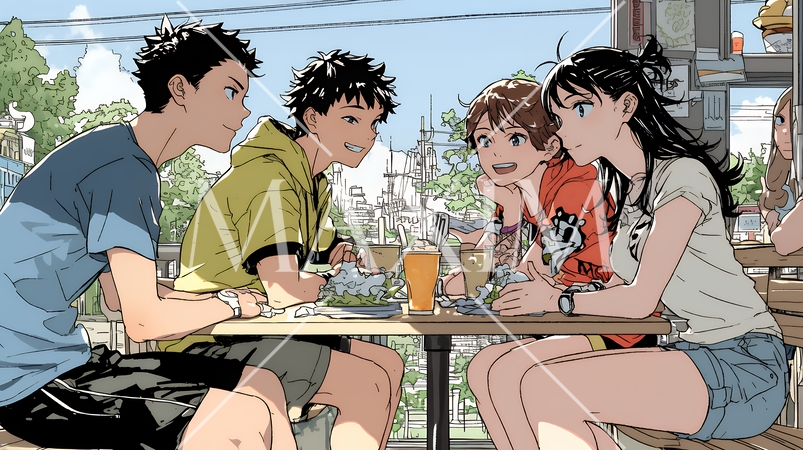 親しい仲間とファーストフード店で食事をしている若者たち