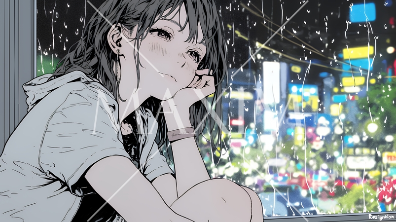 思案・反省・諦め? 窓から流れ落ちる雨粒を見つめる若い女性