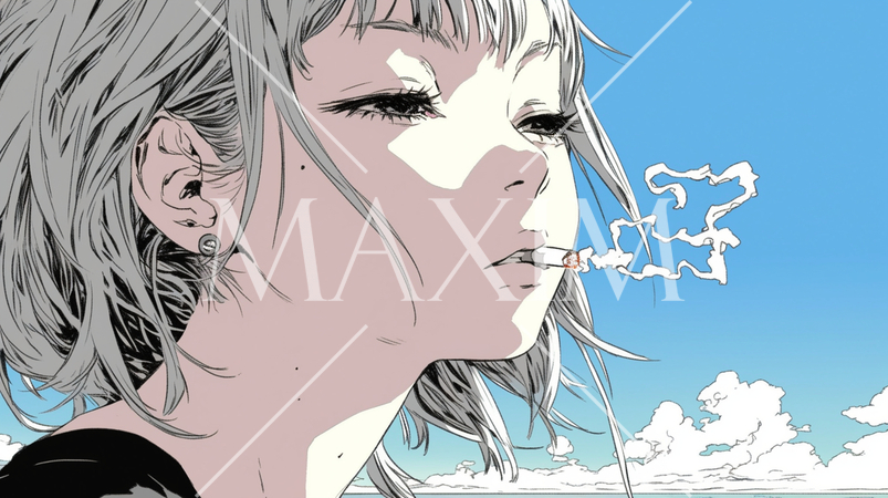 くわえたばこで喫煙している若い女性