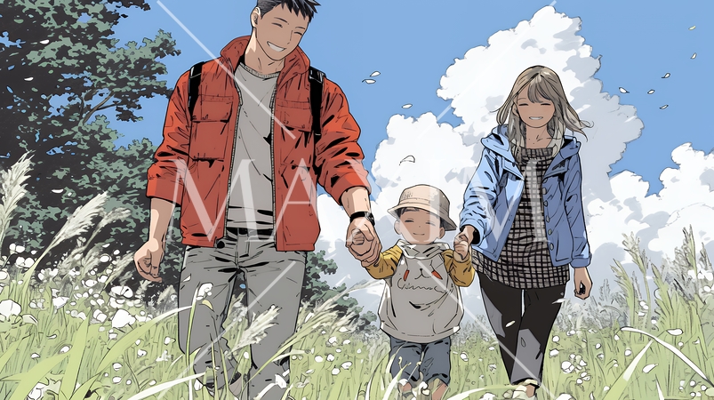 仲の良い家族：父親、母親、その子どもが仲良く連れ立って歩いている