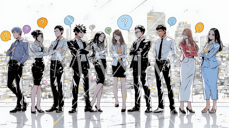 数人のビジネスパーソンが腕組みをして疑問を抱いた顔をしている