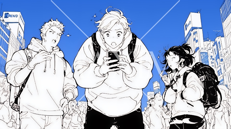 スマホの画面を見て驚いている若い男性（シンプルな色使い）