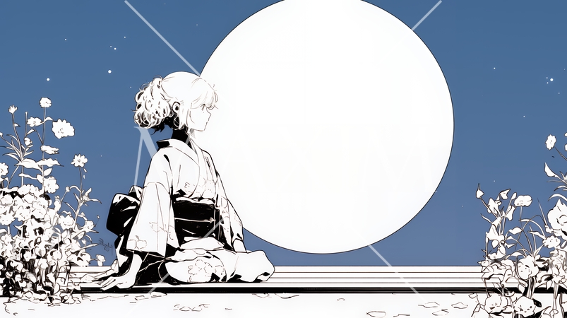 月見をしている和服姿の若い女性（シンプルな色使い）