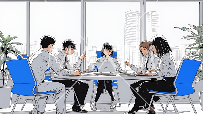 資料を見ながら打ち合わせをする会社員｜オフィスのビジネスミーティングイメージ