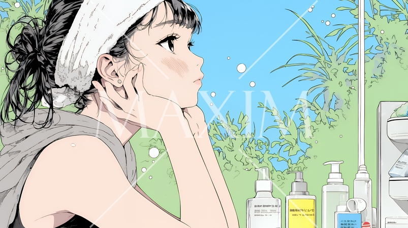 スキンケアを念入りに行う若い女性