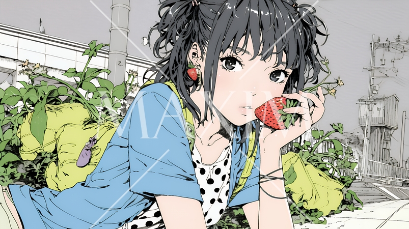 イチゴを摘んで食べている若い女性