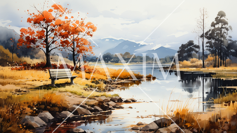 木々の紅葉が水面に映る美しい水辺の風景：水彩画