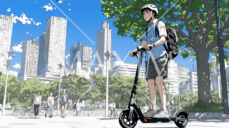 特定小型原付で都会を移動するビジネスパーソン