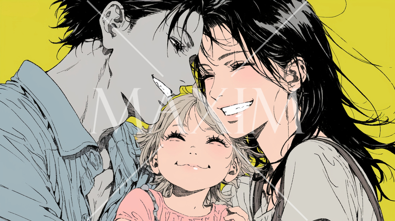 仲の良い両親に挟まれて幸せそうな女の子（実は父親はすでに亡くなっていて思い出）