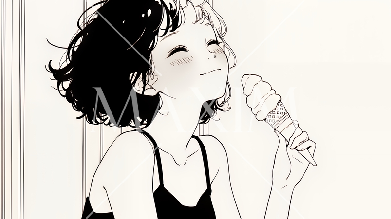 夏空の下でソフトクリーム（コーンに乗ったアイスクリーム）をたべる若い女性（シンプルな色使い）