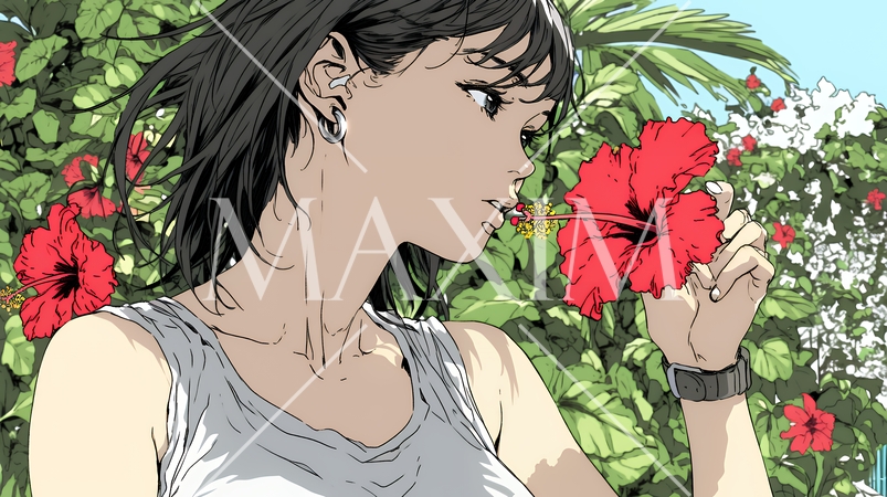 ハイビスカスと若い女性