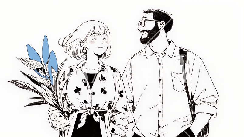 希望に満ちたライフスタイルを過ごす若いカップル：未来を見つめている（シンプルな色使い）