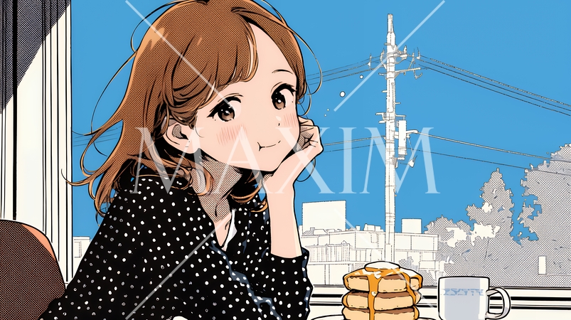 早朝のダイナー（喫茶店）でパンケーキ（モーニングセット）を食べる若い女性