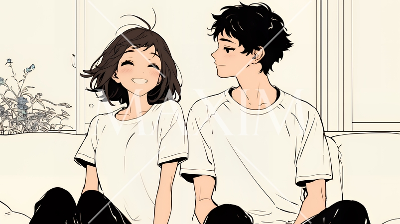 幸せそうなカップル：リビングルームて談笑（シンプルな色使い）