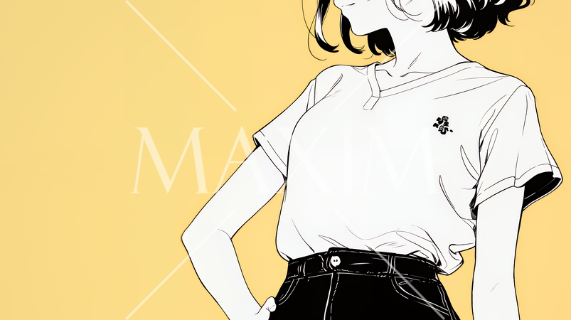 ウェストライン（腰回り）をチェックしている女性（シンプルな色使い）