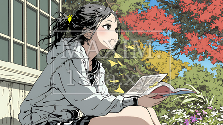 秋の読書を楽しむ若い女性｜静かで落ち着いた秋の日のイラストポートレート（イラストID:4646595-18122）