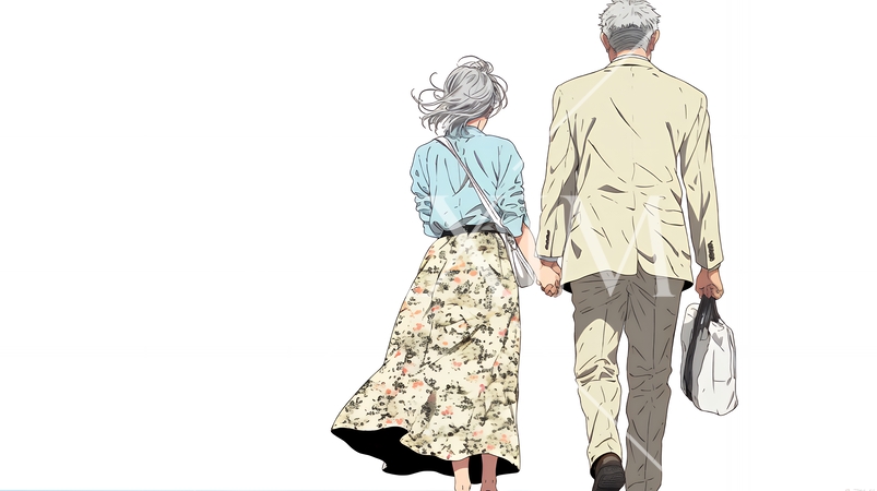 手をつないで歩いている老カップル